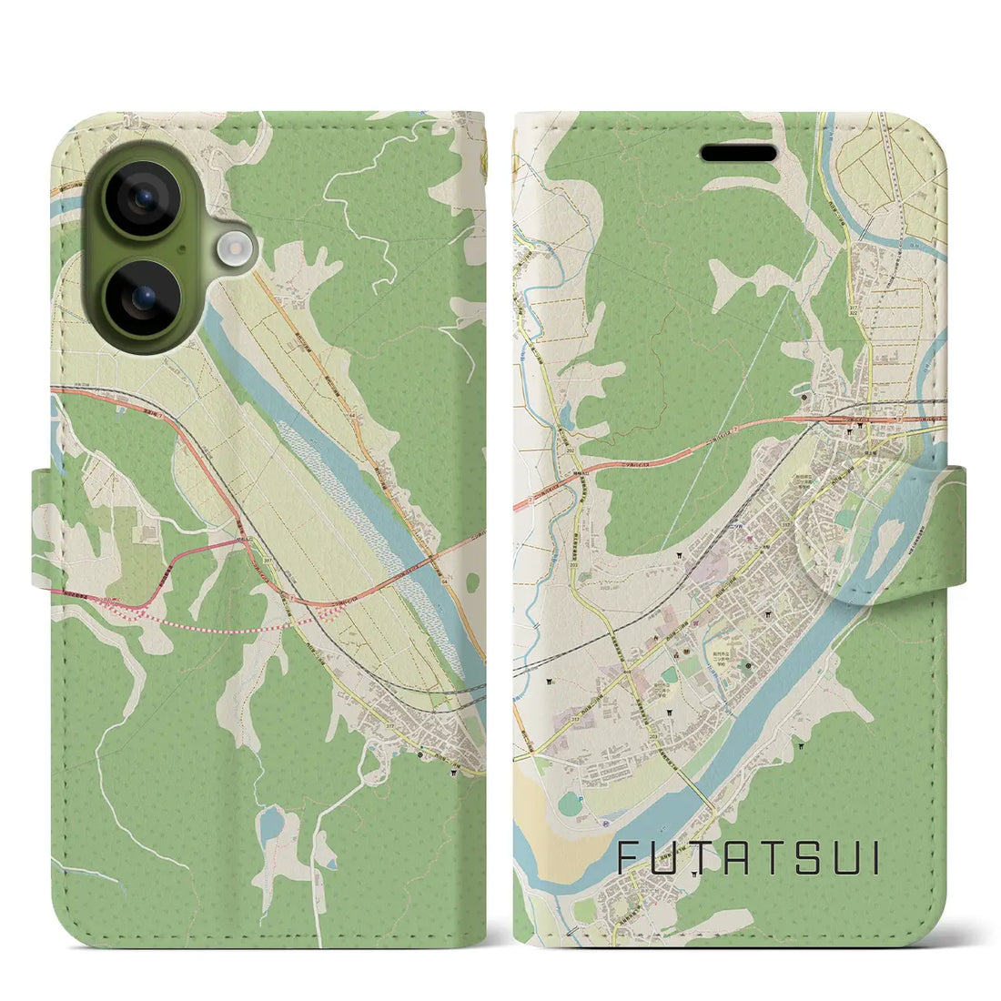 【二ツ井(秋田県)】地図柄iPhoneケース(手帳タイプ)モノトーン・iPhone 17 Pro Max 用