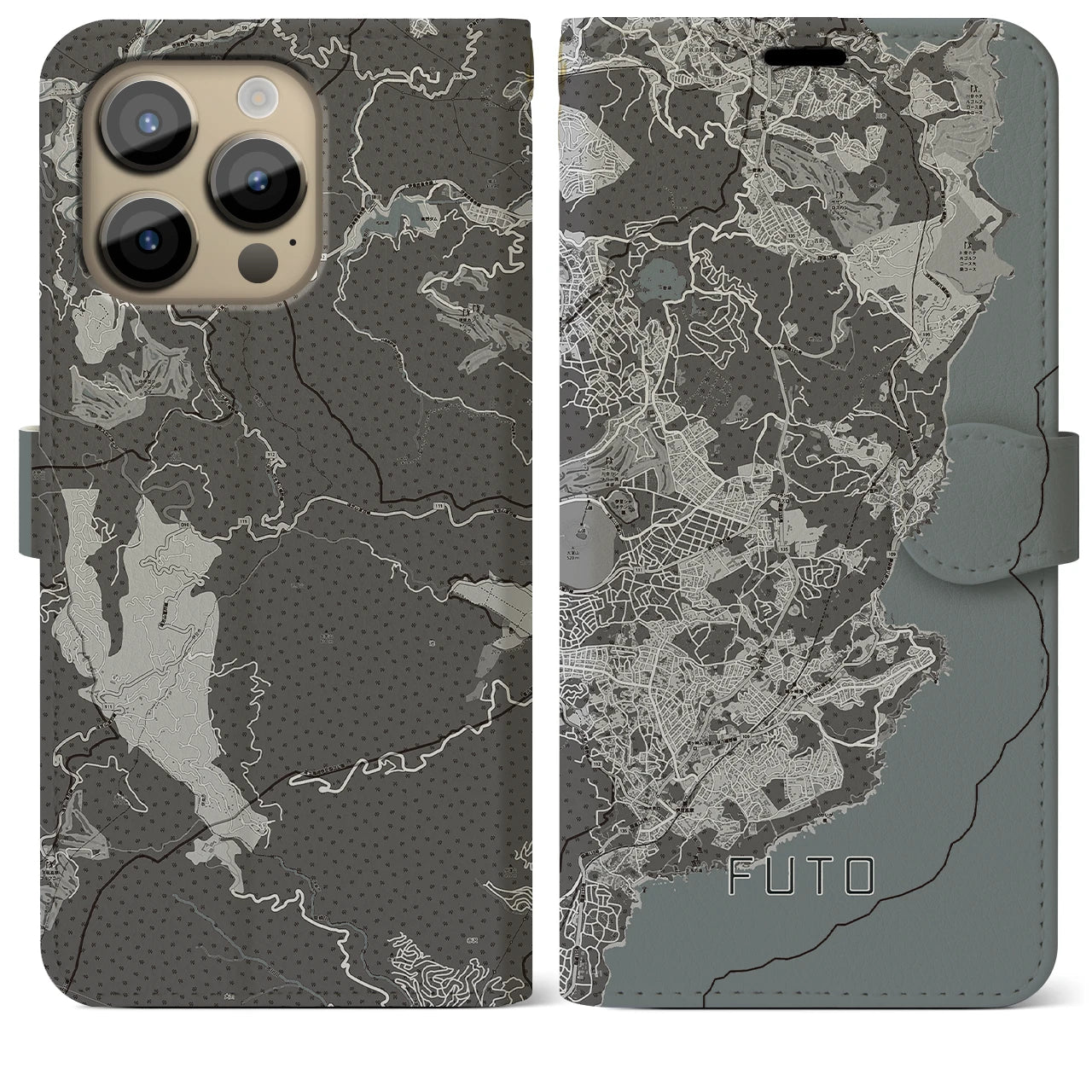 【富戸】地図柄iPhoneケース（手帳両面タイプ・モノトーン）iPhone 14 Pro Max 用