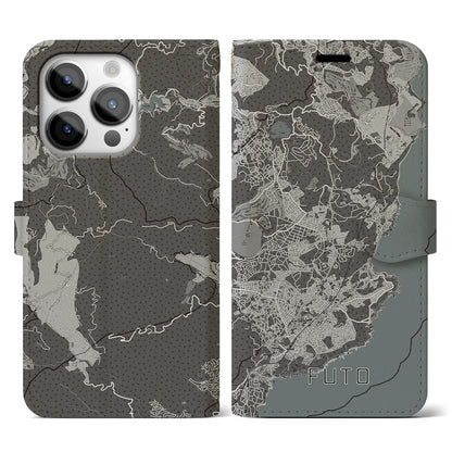 【富戸（静岡県）】地図柄iPhoneケース（手帳タイプ）モノトーン・iPhone 14 Pro 用