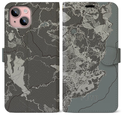【富戸（静岡県）】地図柄iPhoneケース（手帳タイプ）モノトーン・iPhone 15 Plus 用