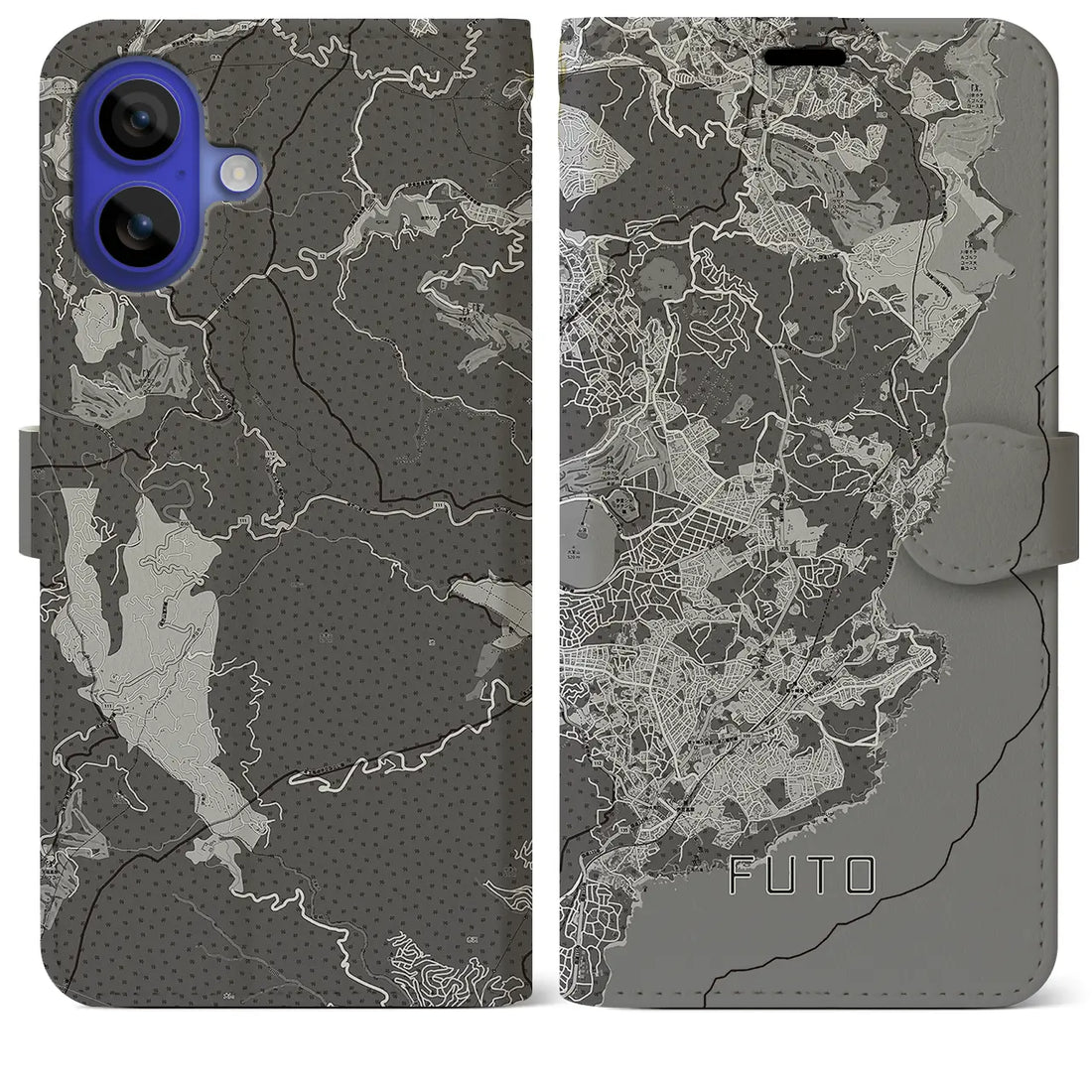 【富戸(静岡県)】地図柄iPhoneケース(手帳タイプ)モノトーン・iPhone 16 Pro Max 用