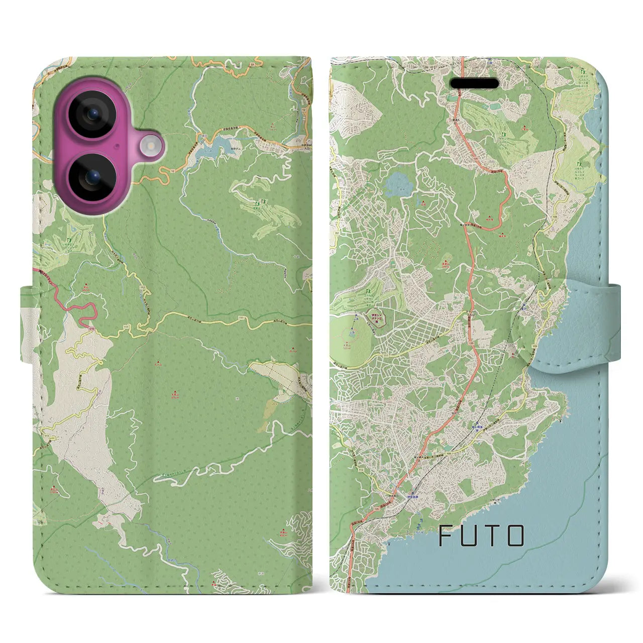 【富戸（静岡県）】地図柄iPhoneケース（手帳タイプ）ナチュラル・iPhone 16 Pro 用