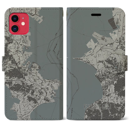 【富津（千葉県）】地図柄iPhoneケース（手帳タイプ）モノトーン・iPhone 11 用
