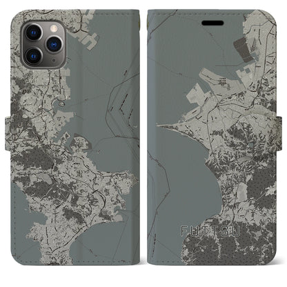 【富津（千葉県）】地図柄iPhoneケース（手帳タイプ）モノトーン・iPhone 11 Pro Max 用