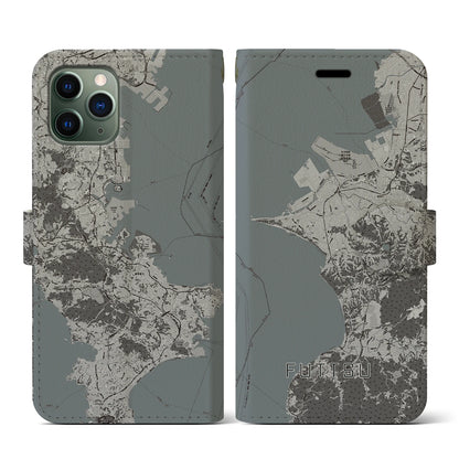 【富津（千葉県）】地図柄iPhoneケース（手帳タイプ）モノトーン・iPhone 11 Pro 用