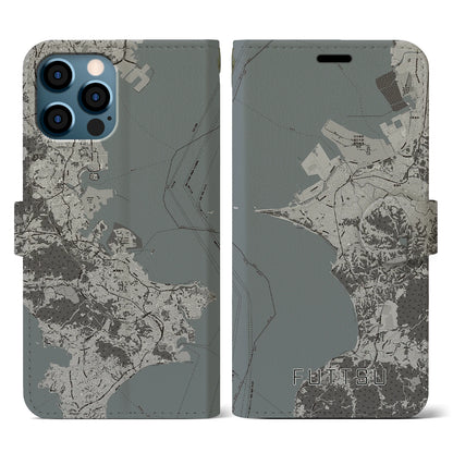 【富津（千葉県）】地図柄iPhoneケース（手帳タイプ）モノトーン・iPhone 12 / 12 Pro 用