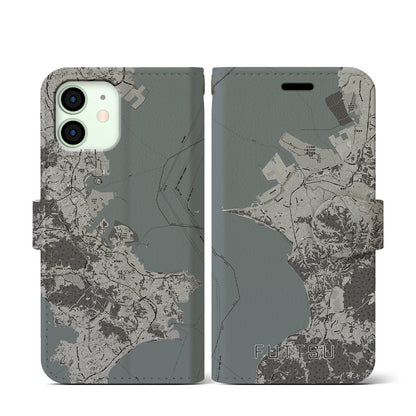 【富津（千葉県）】地図柄iPhoneケース（手帳タイプ）モノトーン・iPhone 12 mini 用