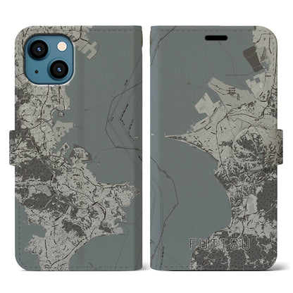 【富津（千葉県）】地図柄iPhoneケース（手帳タイプ）モノトーン・iPhone 13 用