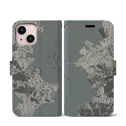 【富津（千葉県）】地図柄iPhoneケース（手帳タイプ）モノトーン・iPhone 13 mini 用