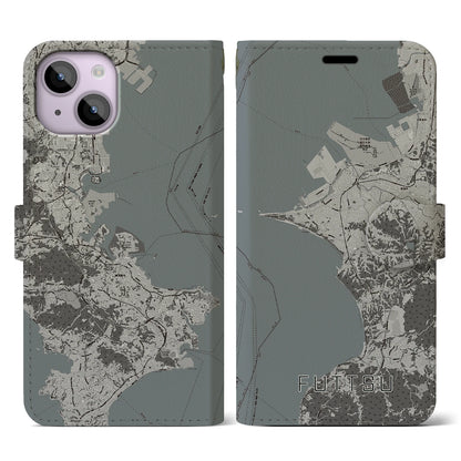 【富津（千葉県）】地図柄iPhoneケース（手帳タイプ）モノトーン・iPhone 14 用