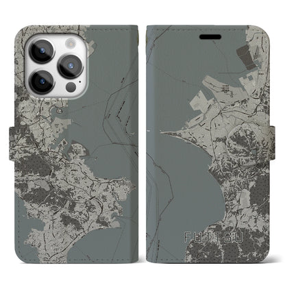 【富津（千葉県）】地図柄iPhoneケース（手帳タイプ）モノトーン・iPhone 14 Pro 用
