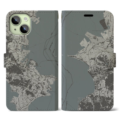 【富津（千葉県）】地図柄iPhoneケース（手帳タイプ）モノトーン・iPhone 15 用
