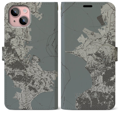 【富津（千葉県）】地図柄iPhoneケース（手帳タイプ）モノトーン・iPhone 15 Plus 用