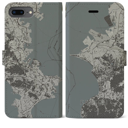 【富津（千葉県）】地図柄iPhoneケース（手帳タイプ）モノトーン・iPhone 8Plus /7Plus / 6sPlus / 6Plus 用