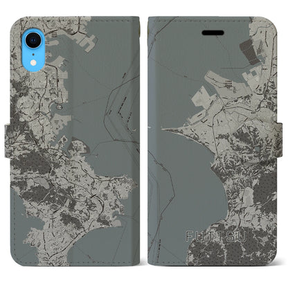 【富津（千葉県）】地図柄iPhoneケース（手帳タイプ）モノトーン・iPhone XR 用