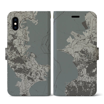 【富津（千葉県）】地図柄iPhoneケース（手帳タイプ）モノトーン・iPhone XS / X 用