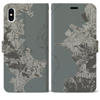 【富津（千葉県）】地図柄iPhoneケース（手帳タイプ）モノトーン・iPhone XS Max 用