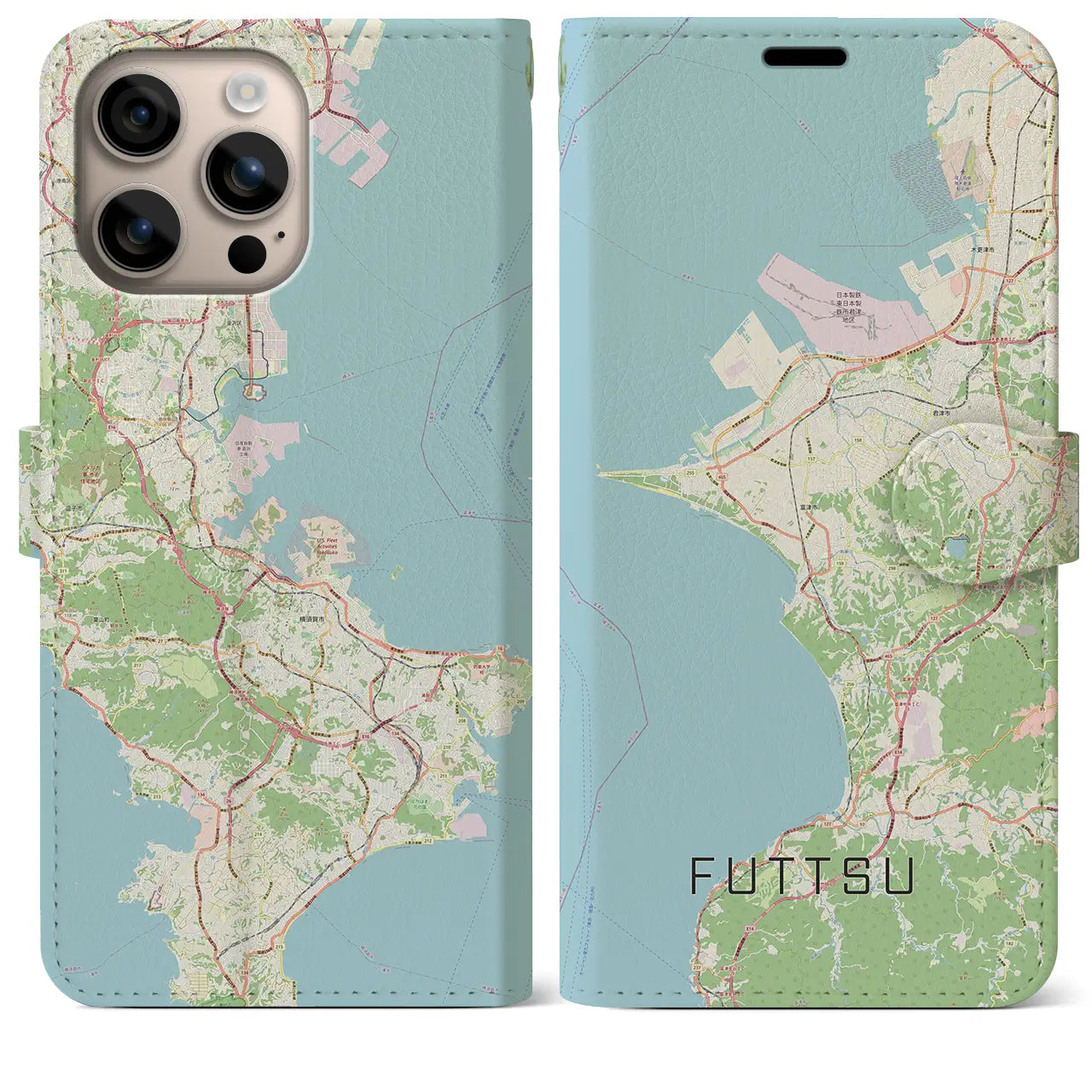 【富津（千葉県）】地図柄iPhoneケース（手帳タイプ）ナチュラル・iPhone 16 Plus 用