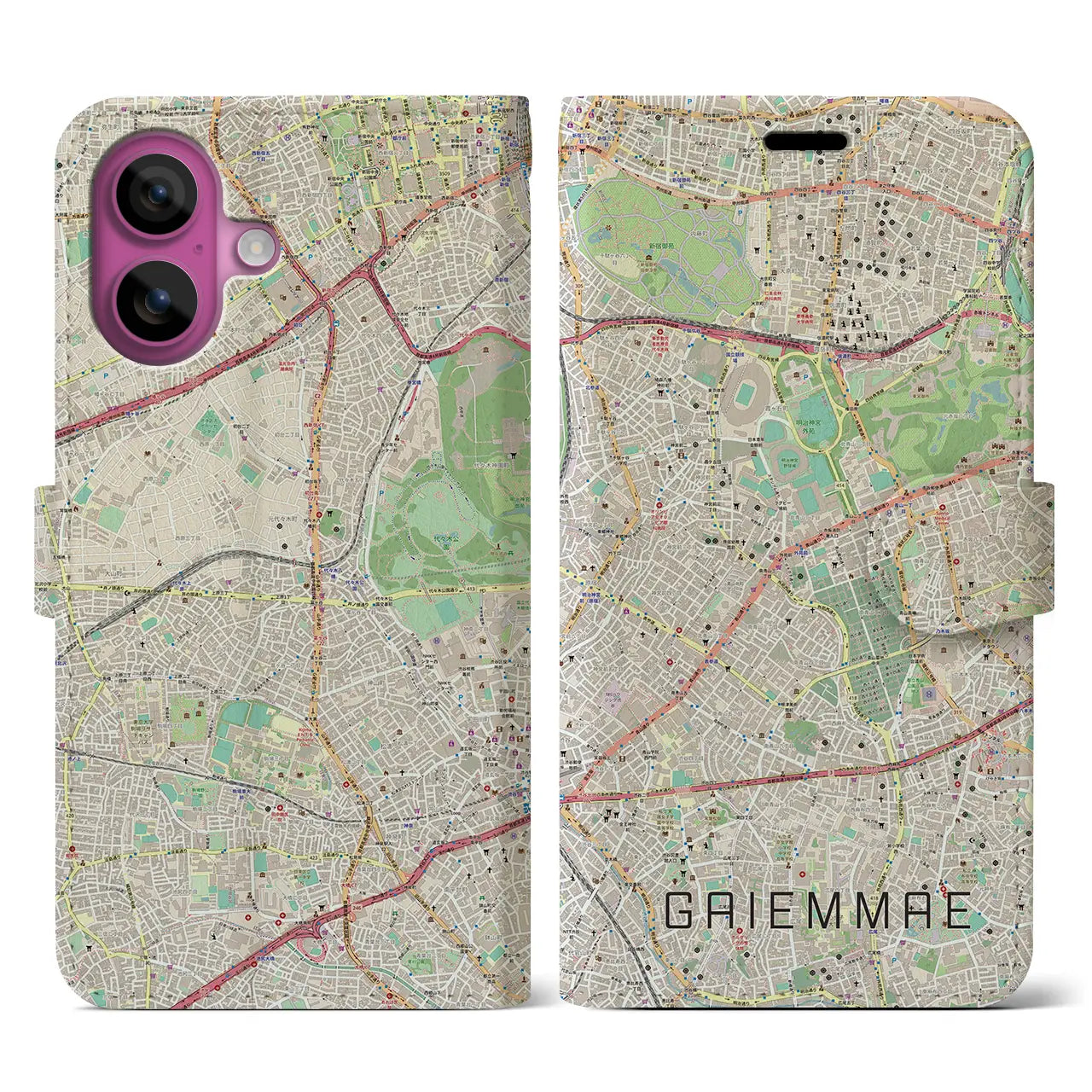 【外苑前（東京都）】地図柄iPhoneケース（手帳タイプ）ナチュラル・iPhone 16 Pro 用