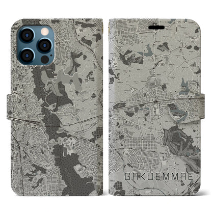 【学園前（奈良県）】地図柄iPhoneケース（手帳タイプ）モノトーン・iPhone 12 / 12 Pro 用