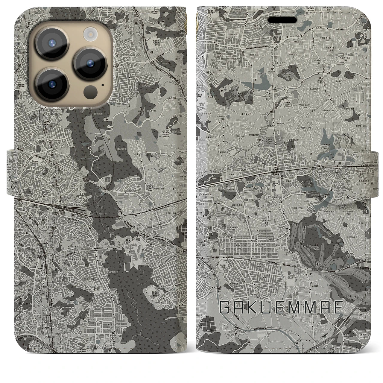 【学園前】地図柄iPhoneケース（手帳両面タイプ・モノトーン）iPhone 14 Pro Max 用