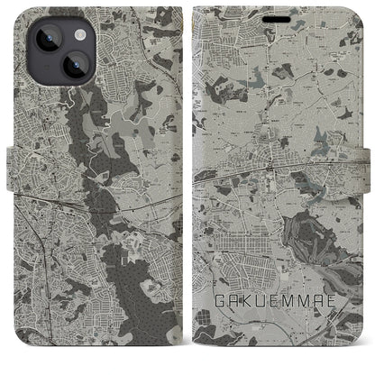 【学園前（奈良県）】地図柄iPhoneケース（手帳タイプ）モノトーン・iPhone 14 Plus 用