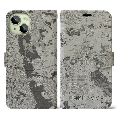 【学園前（奈良県）】地図柄iPhoneケース（手帳タイプ）モノトーン・iPhone 15 用