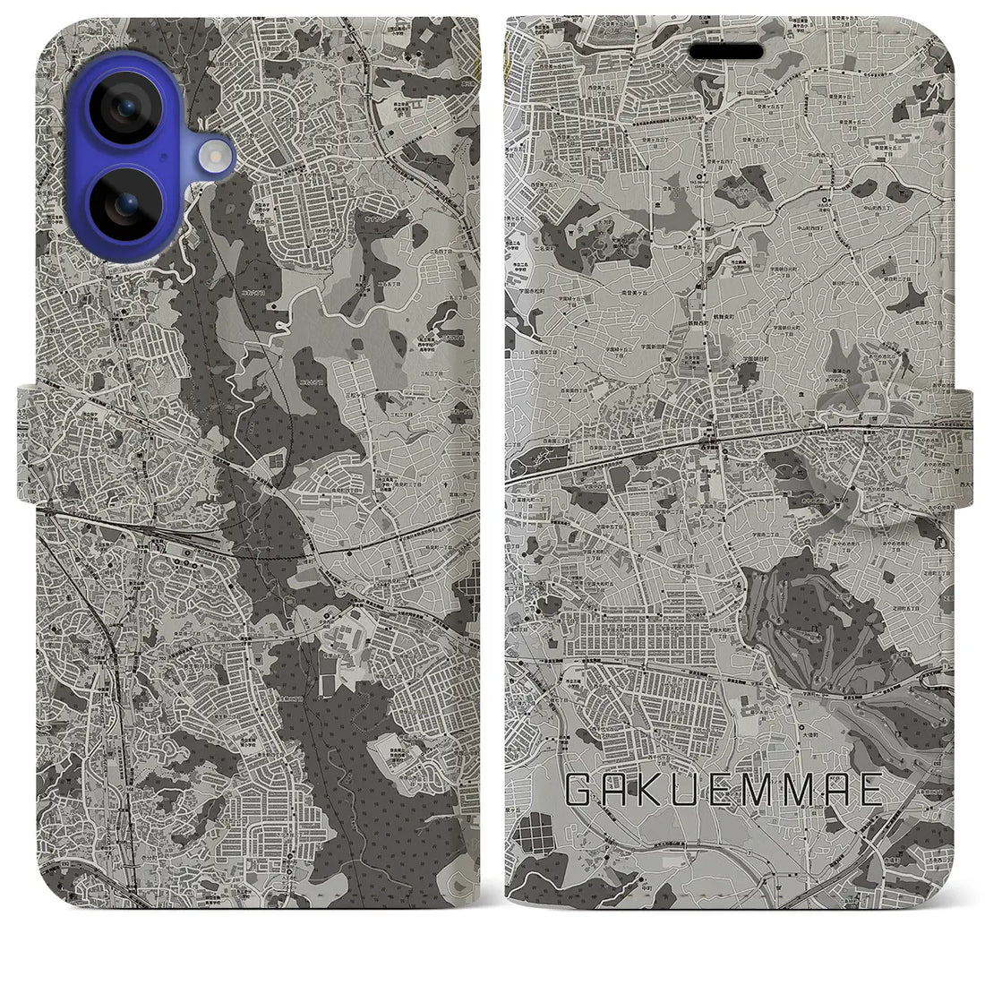 【学園前(奈良県)】地図柄iPhoneケース(手帳タイプ)モノトーン・iPhone 16 Pro Max 用