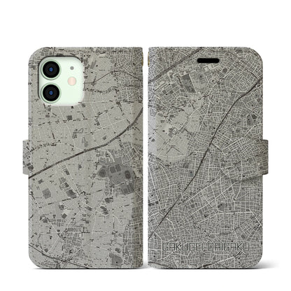 【学芸大学（東京都）】地図柄iPhoneケース（手帳タイプ）モノトーン・iPhone 12 mini 用