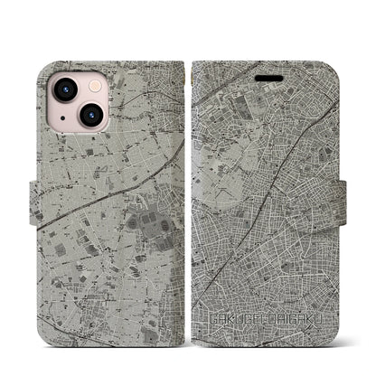 【学芸大学（東京都）】地図柄iPhoneケース（手帳タイプ）モノトーン・iPhone 13 mini 用