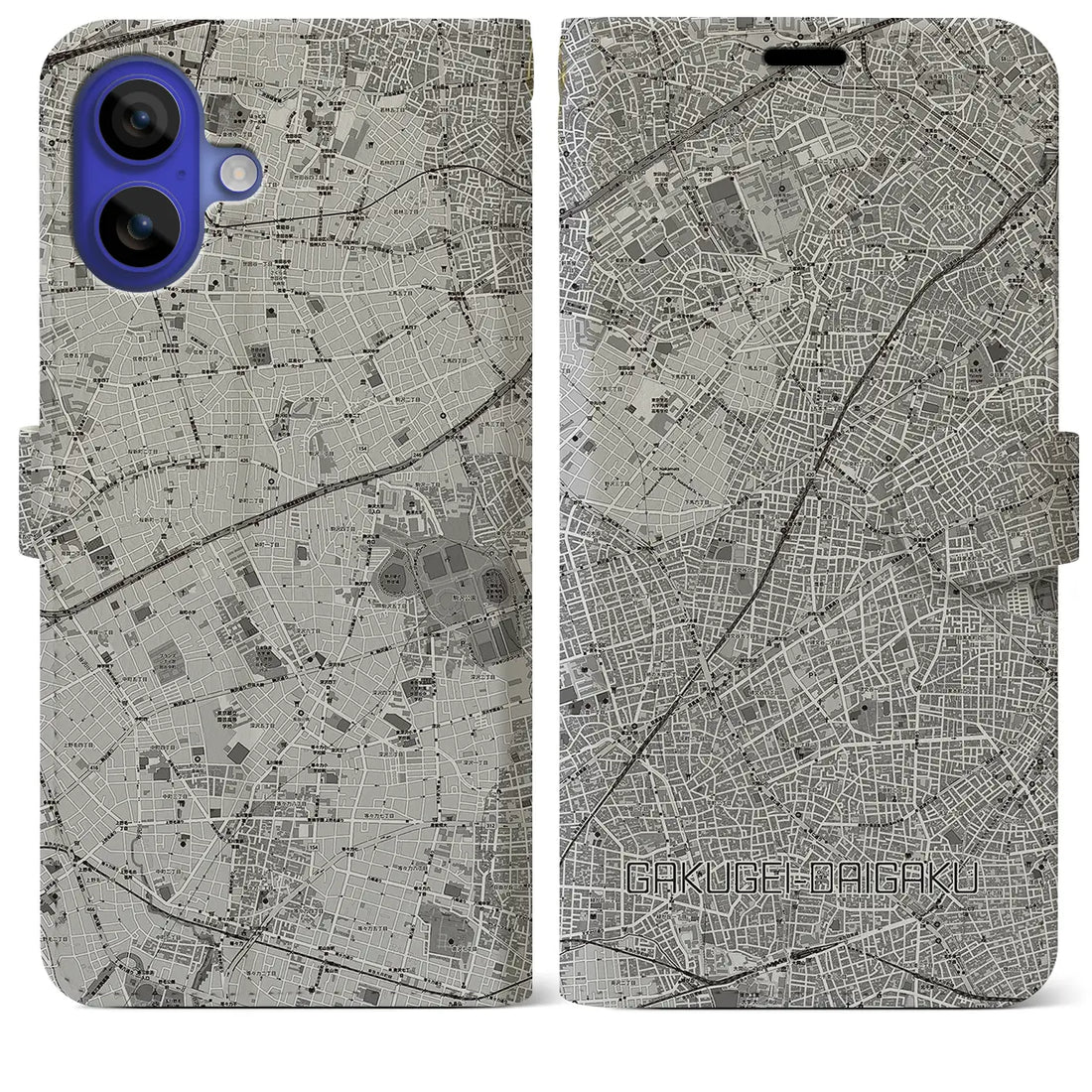 【学芸大学(東京都)】地図柄iPhoneケース(手帳タイプ)モノトーン・iPhone 16 Pro Max 用