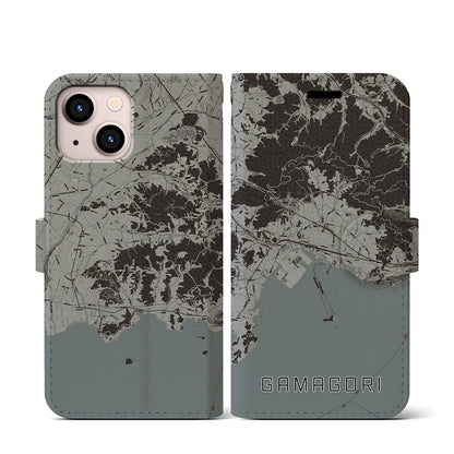 【蒲郡（愛知県）】地図柄iPhoneケース（手帳タイプ）モノトーン・iPhone 13 mini 用