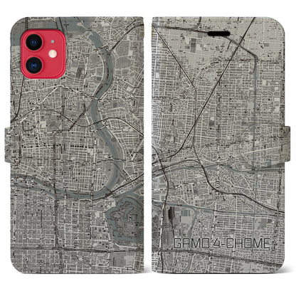 【蒲生四丁目（大阪府）】地図柄iPhoneケース（手帳タイプ）モノトーン・iPhone 11 用