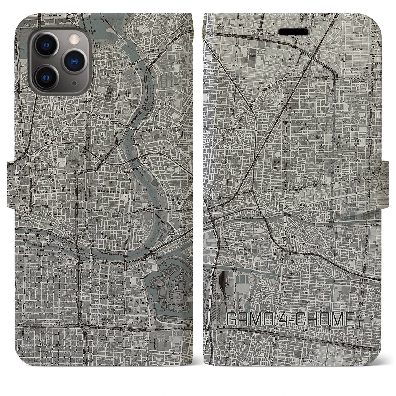 【蒲生四丁目】地図柄iPhoneケース（手帳両面タイプ・モノトーン）iPhone 11 Pro Max 用