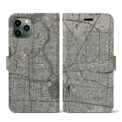 【蒲生四丁目（大阪府）】地図柄iPhoneケース（手帳タイプ）モノトーン・iPhone 11 Pro 用