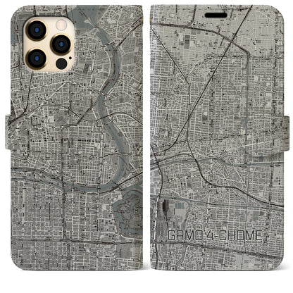【蒲生四丁目（大阪府）】地図柄iPhoneケース（手帳タイプ）モノトーン・iPhone 12 Pro Max 用