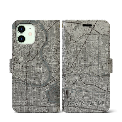 【蒲生四丁目（大阪府）】地図柄iPhoneケース（手帳タイプ）モノトーン・iPhone 12 mini 用