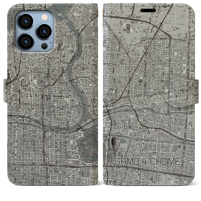 【蒲生四丁目（大阪府）】地図柄iPhoneケース（手帳タイプ）モノトーン・iPhone 13 Pro Max 用