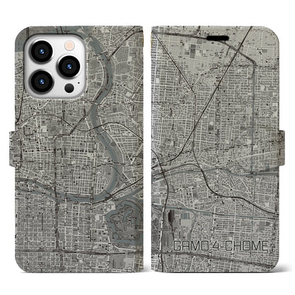 【蒲生四丁目（大阪府）】地図柄iPhoneケース（手帳タイプ）モノトーン・iPhone 13 Pro 用
