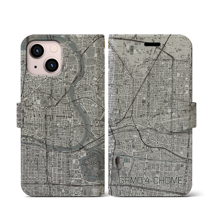 【蒲生四丁目（大阪府）】地図柄iPhoneケース（手帳タイプ）モノトーン・iPhone 13 mini 用