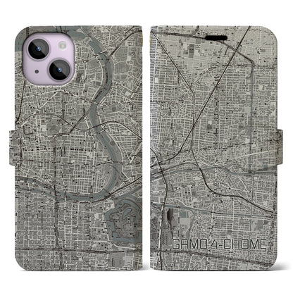 【蒲生四丁目（大阪府）】地図柄iPhoneケース（手帳タイプ）モノトーン・iPhone 14 用