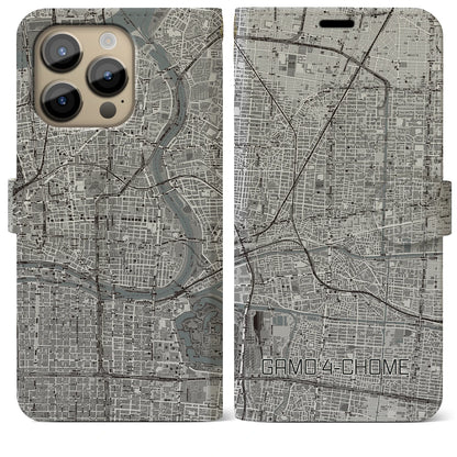 【蒲生四丁目（大阪府）】地図柄iPhoneケース（手帳タイプ）モノトーン・iPhone 14 Pro Max 用
