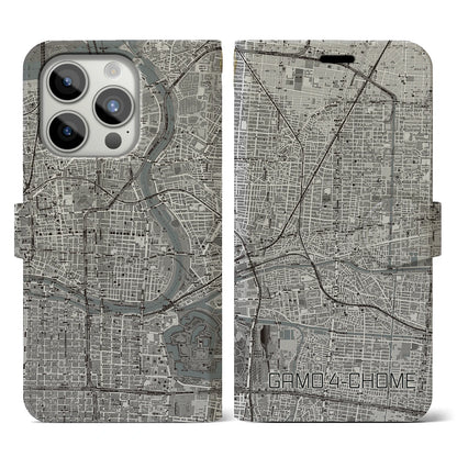 【蒲生四丁目（大阪府）】地図柄iPhoneケース（手帳タイプ）モノトーン・iPhone 15 Pro 用