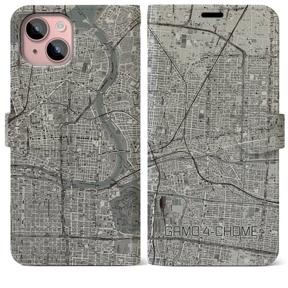 【蒲生四丁目（大阪府）】地図柄iPhoneケース（手帳タイプ）モノトーン・iPhone 15 Plus 用