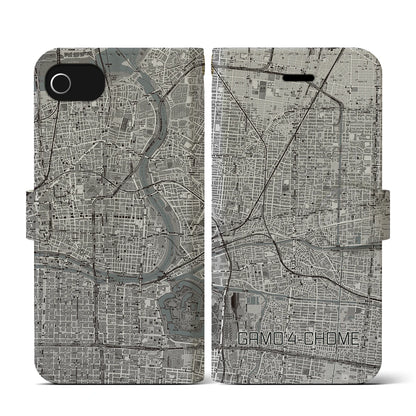 【蒲生四丁目（大阪府）】地図柄iPhoneケース（手帳タイプ）モノトーン・iPhone SE（第3 / 第2世代） / 8 / 7 / 6s / 6 用