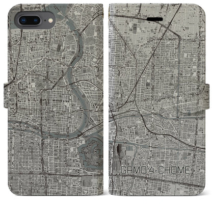 【蒲生四丁目（大阪府）】地図柄iPhoneケース（手帳タイプ）モノトーン・iPhone 8Plus /7Plus / 6sPlus / 6Plus 用