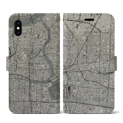 【蒲生四丁目（大阪府）】地図柄iPhoneケース（手帳タイプ）モノトーン・iPhone XS / X 用