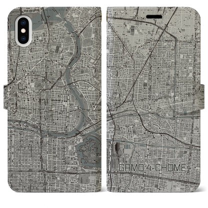 【蒲生四丁目（大阪府）】地図柄iPhoneケース（手帳タイプ）モノトーン・iPhone XS Max 用