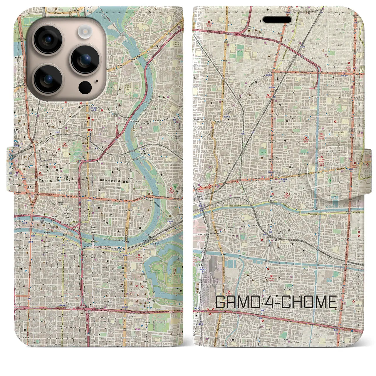 【蒲生四丁目（大阪府）】地図柄iPhoneケース（手帳タイプ）ナチュラル・iPhone 16 Plus 用