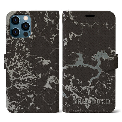 【岩洞湖（岩手県）】地図柄iPhoneケース（手帳タイプ）モノトーン・iPhone 12 / 12 Pro 用